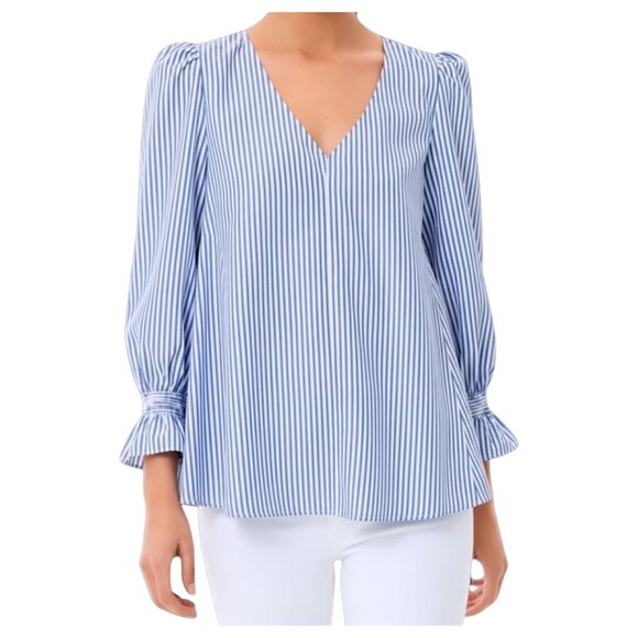 Tuckernuck Blue White Striped Blouse Smocked Sleeve V Neck Top Small - Picture 2 of 8